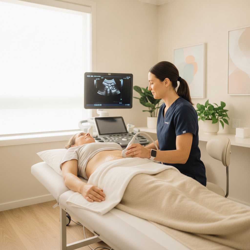 Sonographer performing an abdominal ultrasound on a patient at the UBM Scans Menai clinic