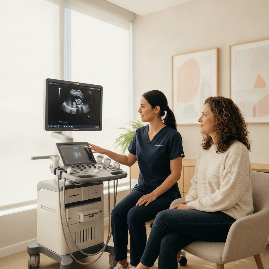 Sonographer discussing a pelvic ultrasound image with a patient in a bright consulting room