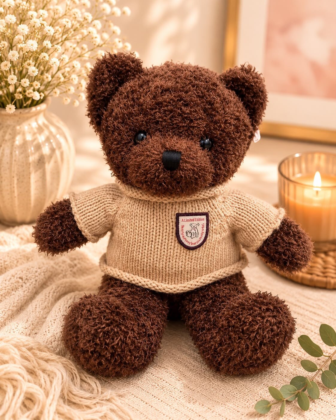 Brown curly-fur UBM Scans heartbeat bear in a cream knitted jumper, sitting on a soft throw beside white flowers and a lit candle