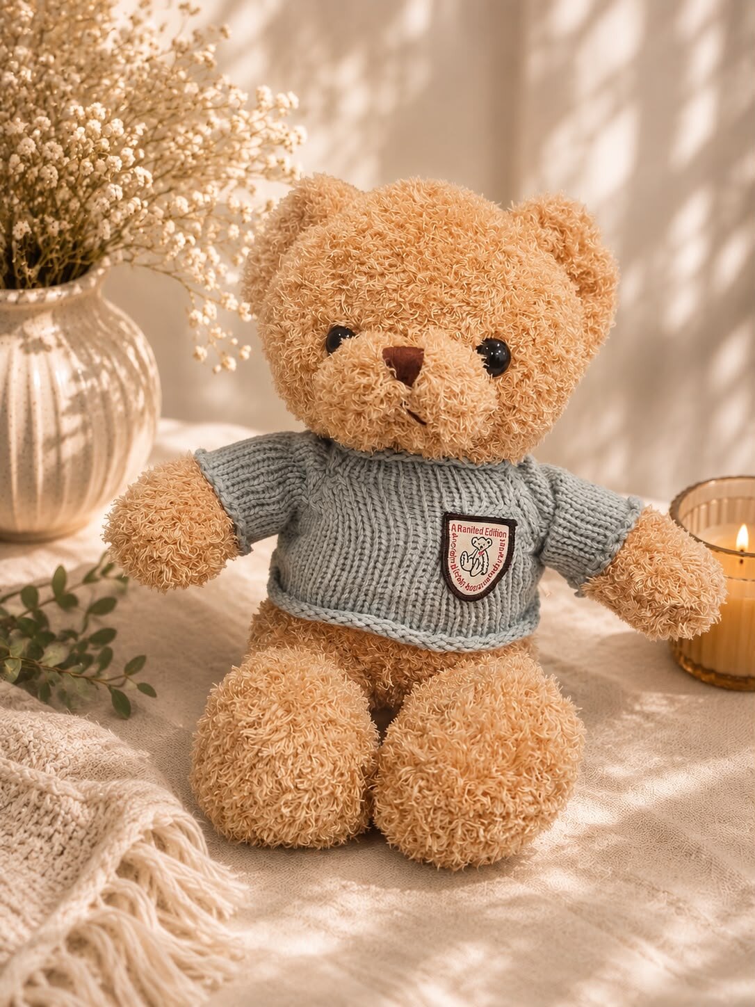 Cream UBM Scans heartbeat bear in a grey knitted jumper, sitting on a soft throw beside dried flowers and a lit candle