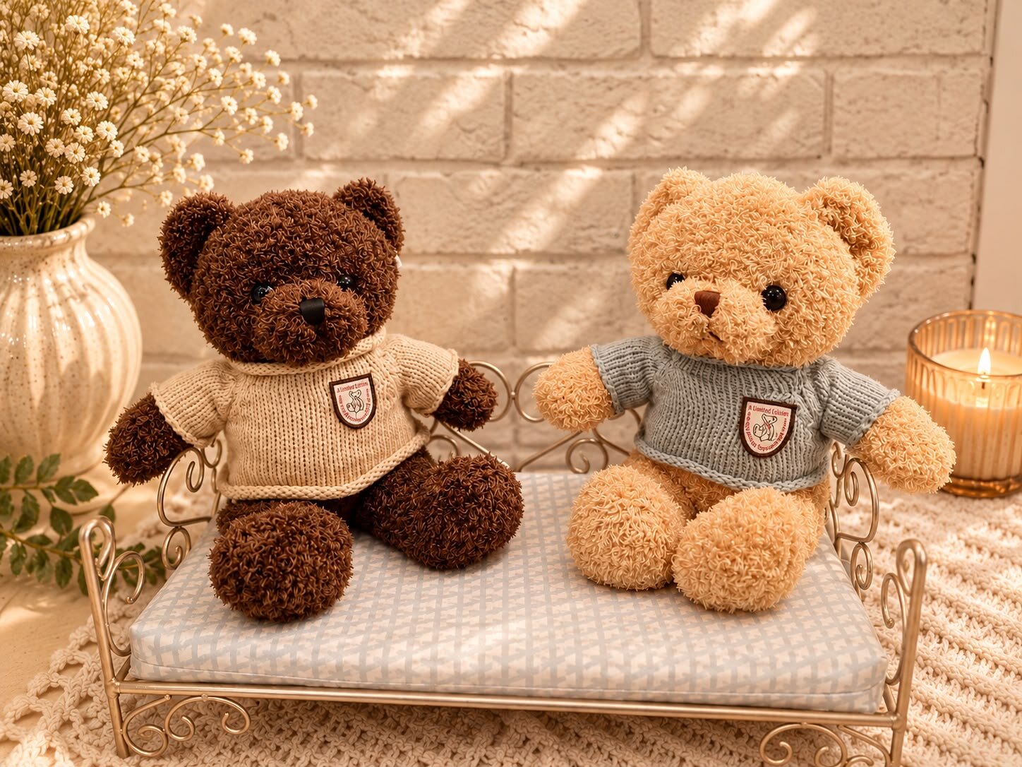 A brown teddy bear in a cream knitted jumper and a golden teddy bear in a grey knitted jumper sitting side by side on a small gold daybed, beside a lit candle and dried flowers