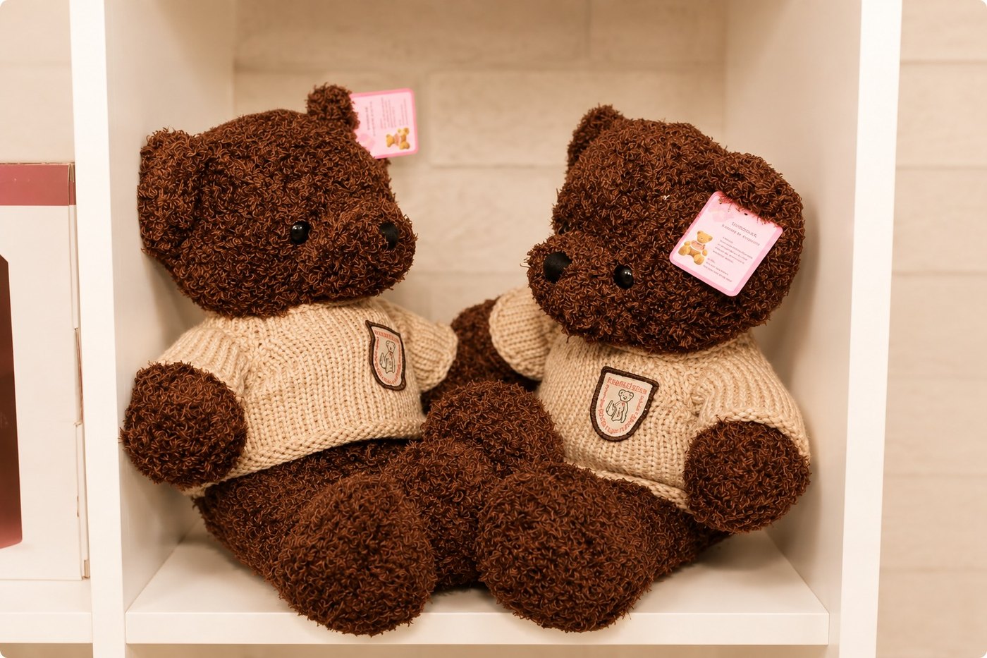 Two brown curly-fur teddy bears in cream cable-knit jumpers sitting side by side on a white shelf