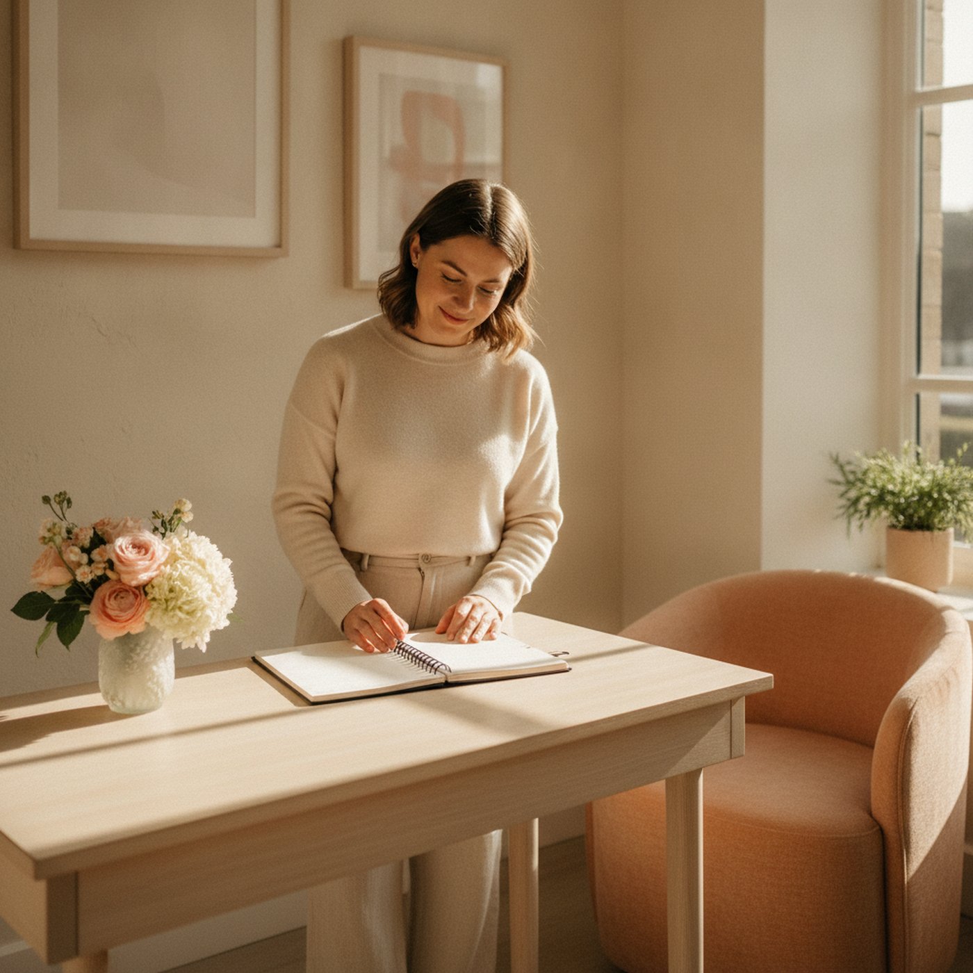 A receptionist at the UBM Scans front desk writing in the appointment diary beside a vase of flowers
