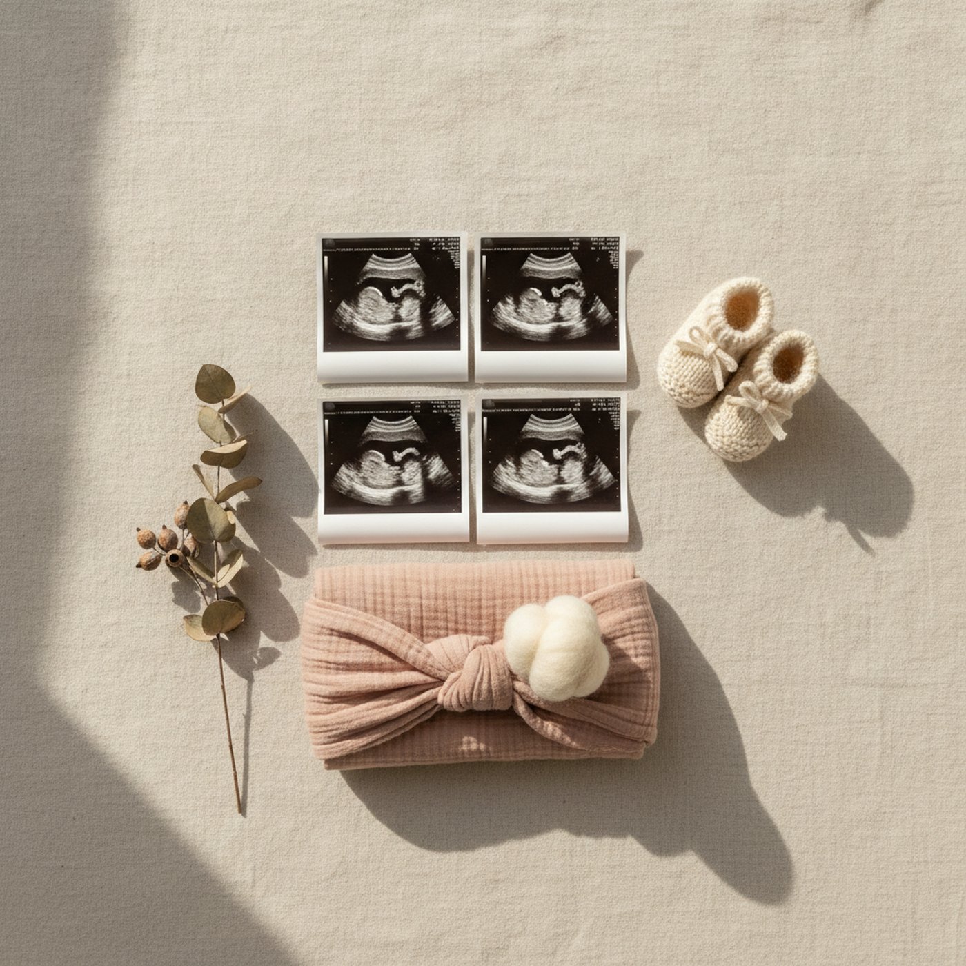 Four ultrasound scan prints laid on cream linen with knitted baby booties, a soft headband and a sprig of eucalyptus