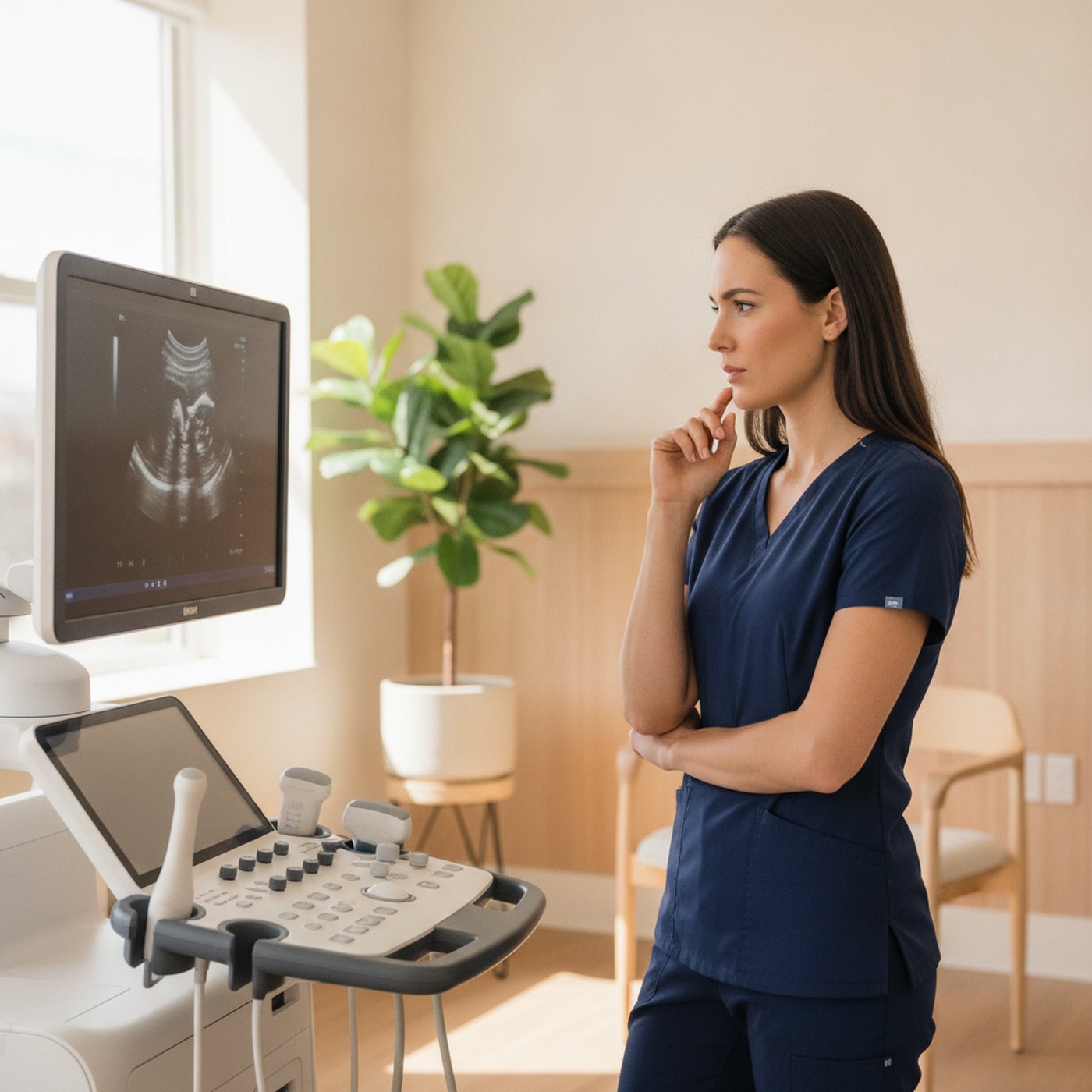 Sonographer at UBM Scans reviewing an ultrasound scan on the monitor in the Menai clinic