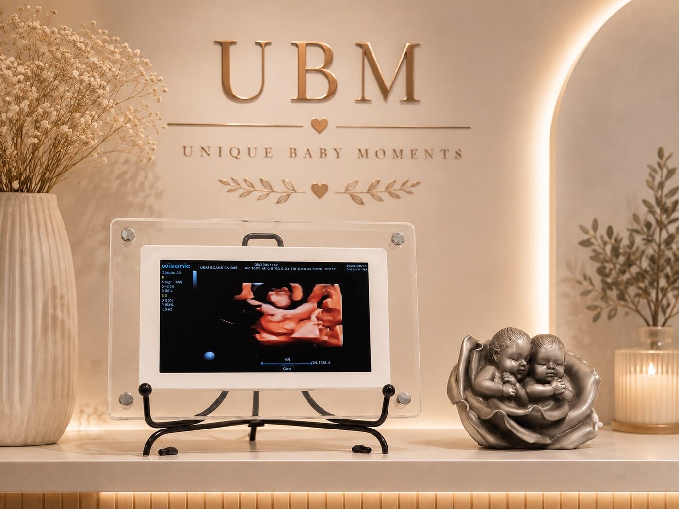 A 4D ultrasound image in a clear acrylic UBM Scans keepsake frame on the clinic reception bench, beneath the gold Unique Baby Moments sign and beside a pewter sculpture of two sleeping babies