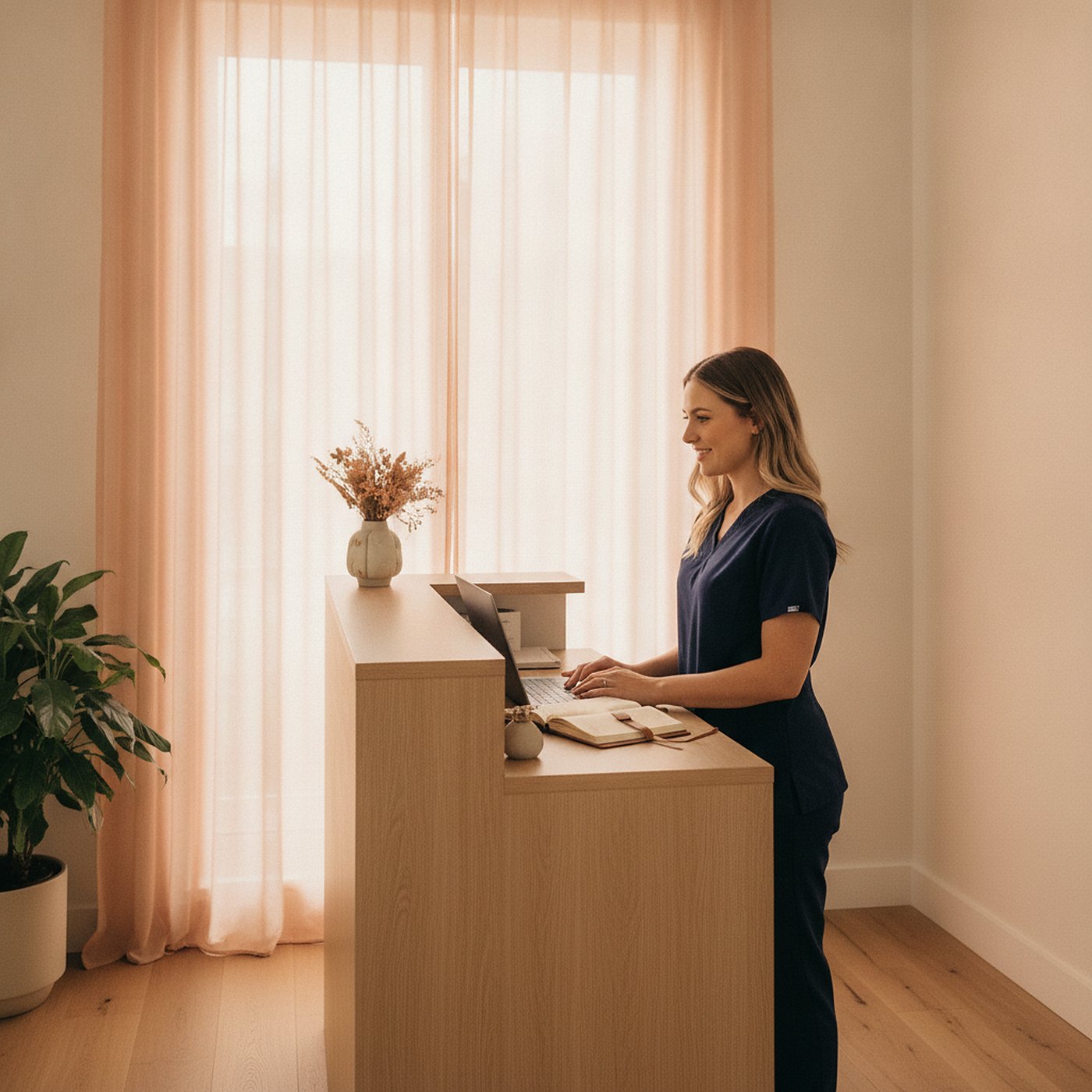A UBM Scans team member in navy scrubs working at the reception desk laptop and appointment diary, beside a sunlit window in the Menai clinic
