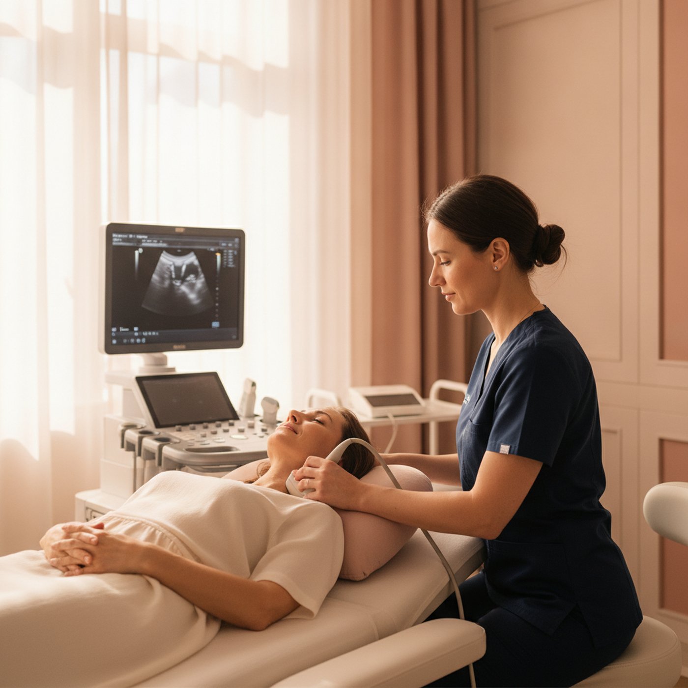 Sonographer in navy scrubs performing a thyroid and neck ultrasound on a patient lying on an examination bed, greyscale scan on the monitor