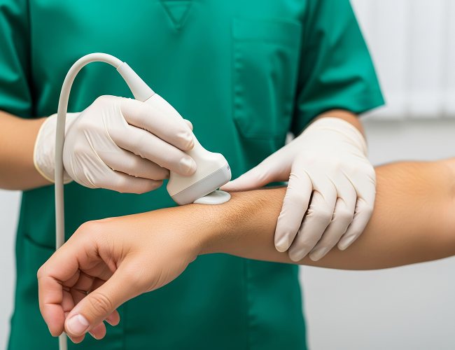Sonographer scanning a patient's forearm during a musculoskeletal ultrasound examination