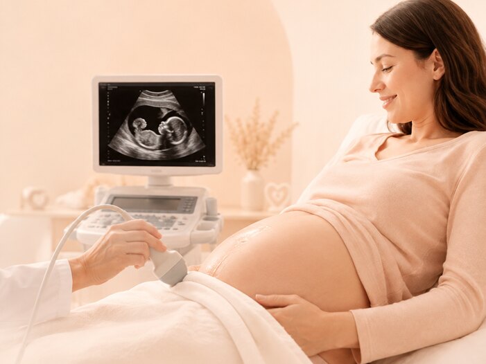 A sonographer performing an early pregnancy reassurance scan, with the baby visible on the monitor