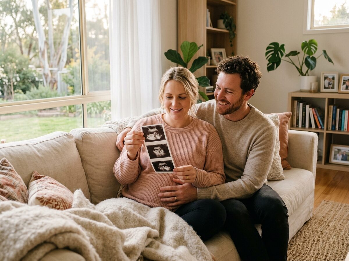 Expecting couple at home looking at their ultrasound scan prints
