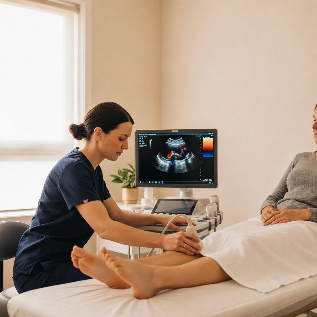 Sonographer performing a lower limb Doppler ultrasound with colour blood flow shown on the monitor