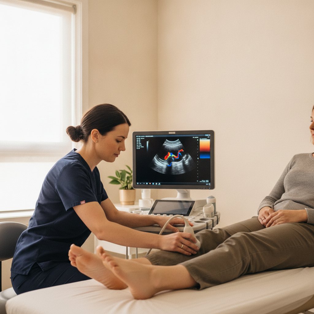 Sonographer performing a lower limb Doppler ultrasound with colour blood flow shown on the monitor